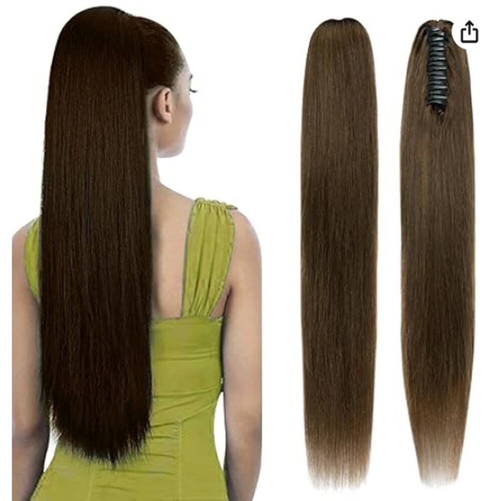 New Claw Clip Human Hair Straight Ponytail Extension 20 inch Medium Brown